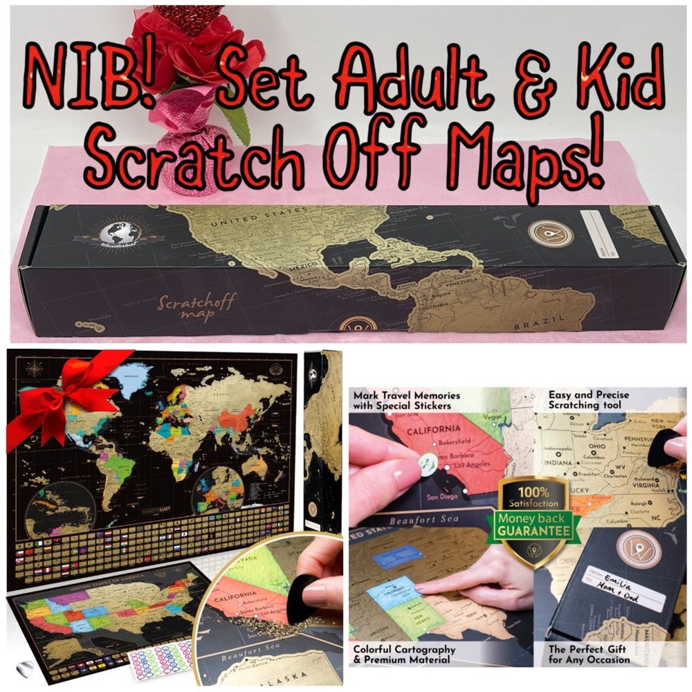 🎁NIB! Wonderlust Premium Scratch Off Map Of The World Gold Gift Set!